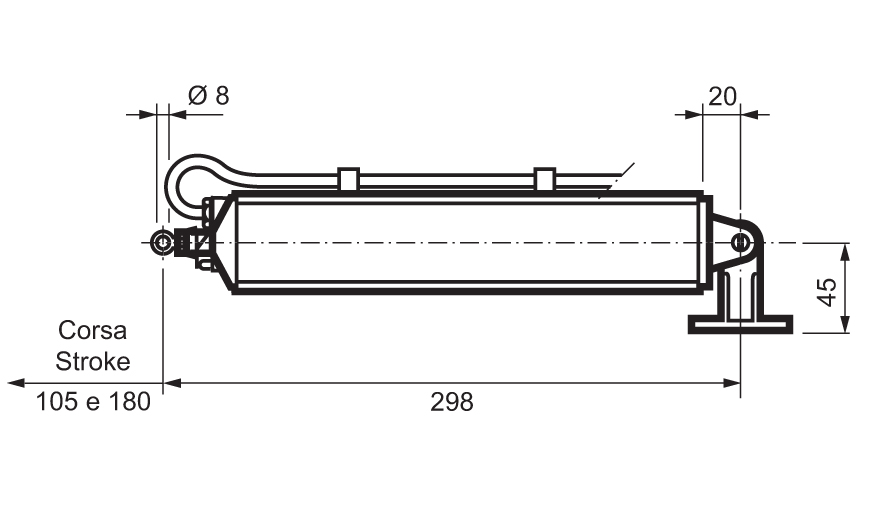 Mingardi D4 Fce - Rod Actuator for Windows - Technical Drawing Mingardi D4 Fce - Attuatore a Stelo per Finestre - Disegno Tecnico
