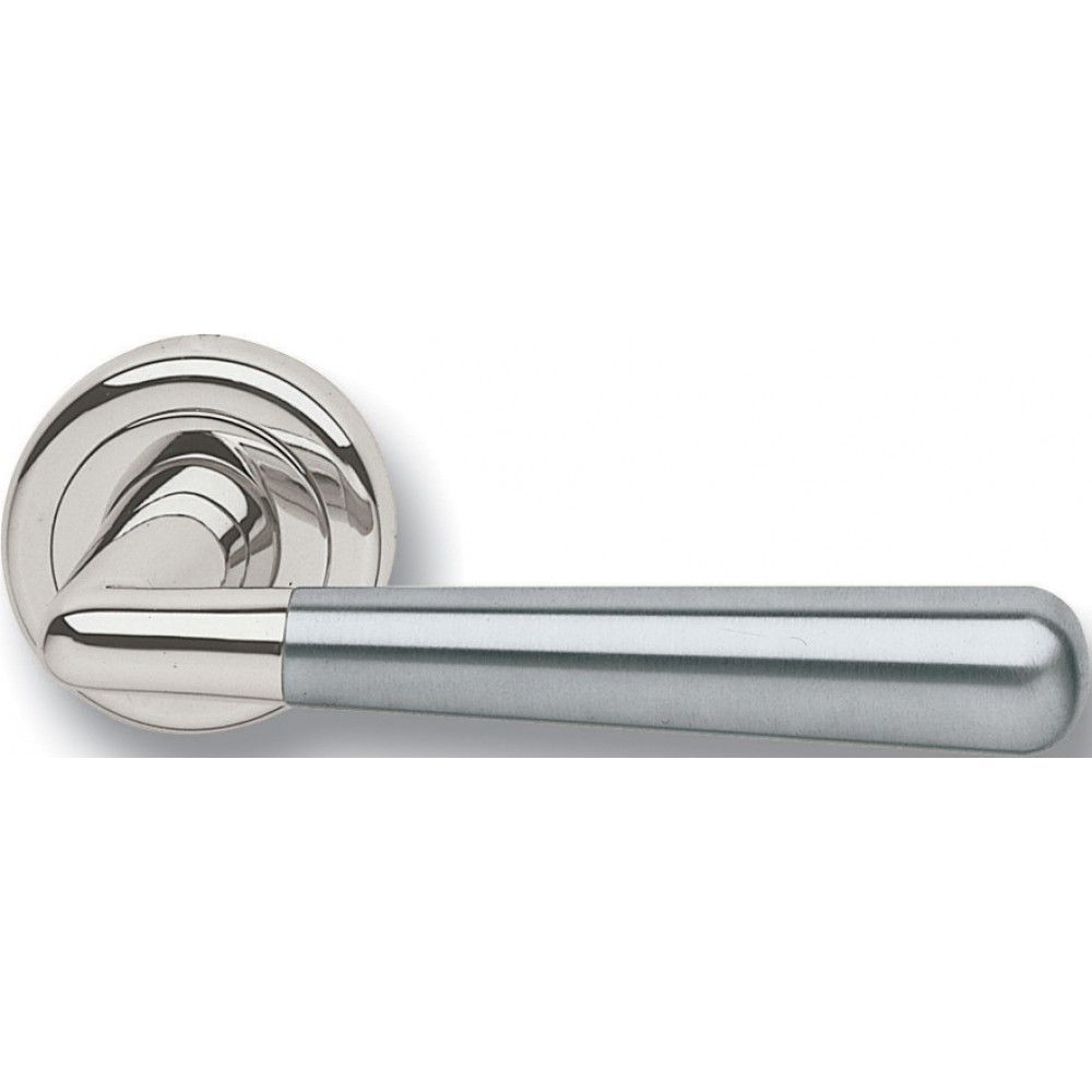 Pair of Ghidini Lever Handles Geneva OCL Inox with Roses and Escutcheons