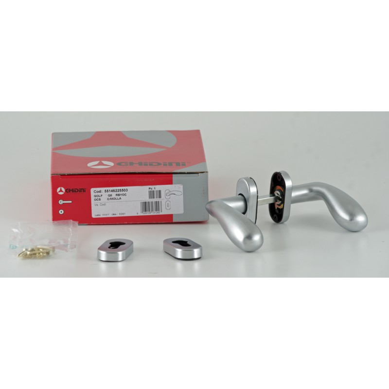 Pair of Ghidini Uno Lever Handles OCS M18 with Roses and Escutcheons