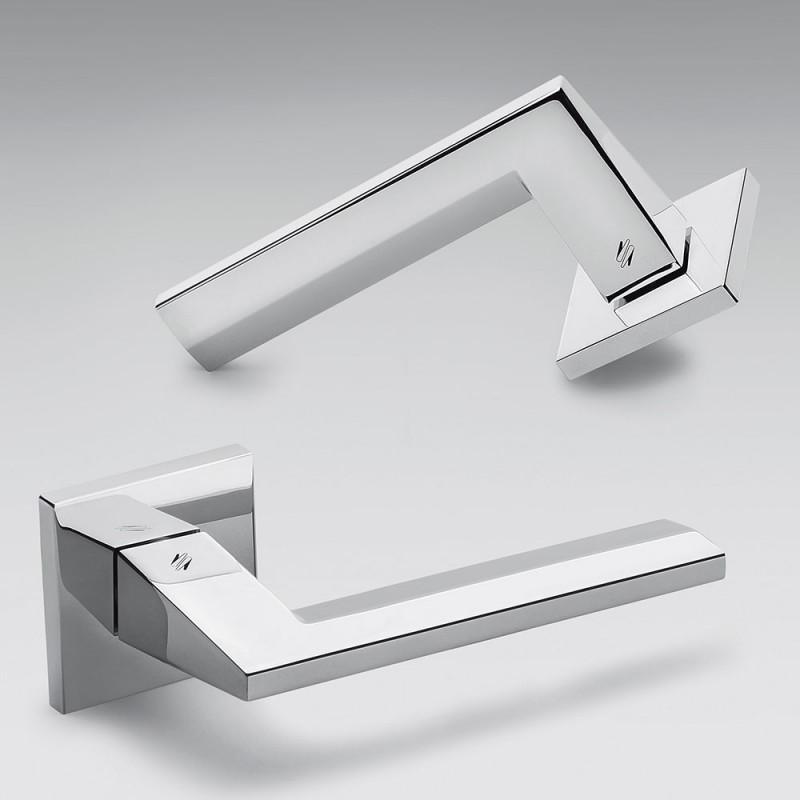 Electra Polished Chrome Door Handle on Rosette with Flat Linear Shape by Colombo Design