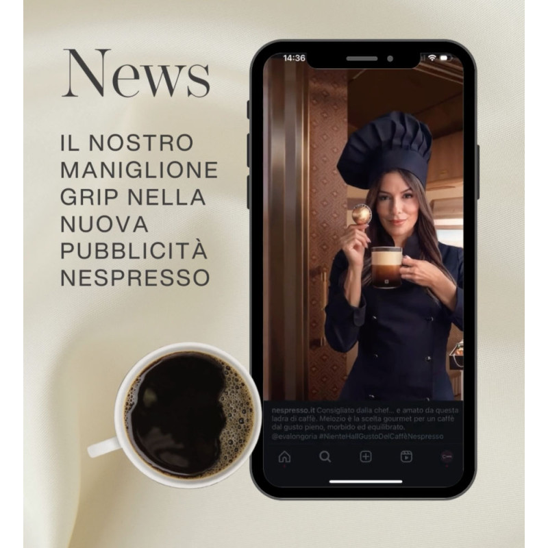 Grip Linea Calì Brass Door Pull Handle Featured in Nespresso Advertising