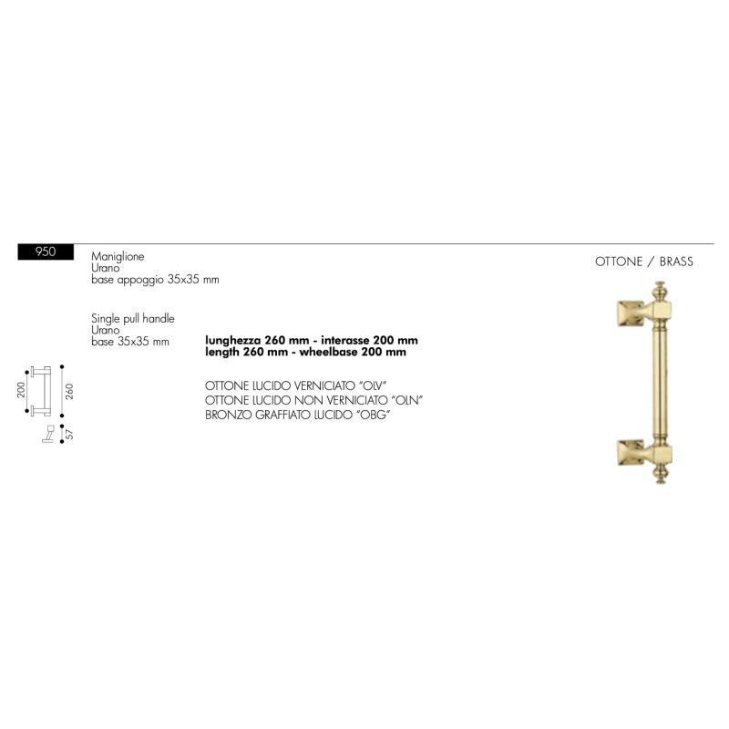Classic Brass Door Pull Handle Urano Arieni 950 Length 260mm
