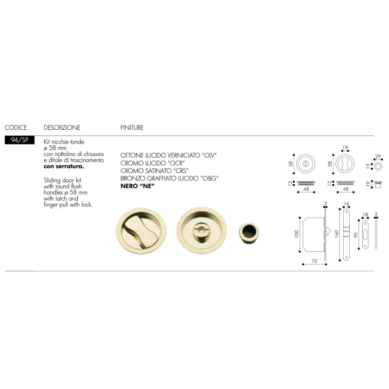 Round Flush Pull for Sliding Door Arieni 94/SP Ø58 Kit with Lock