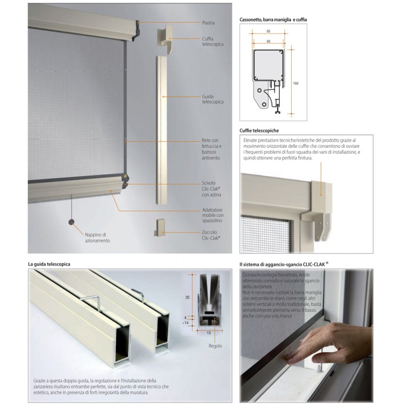 Mosquito Net Bettio Rosy Spring rubbed Click-Clack and Guides Vertical Spring